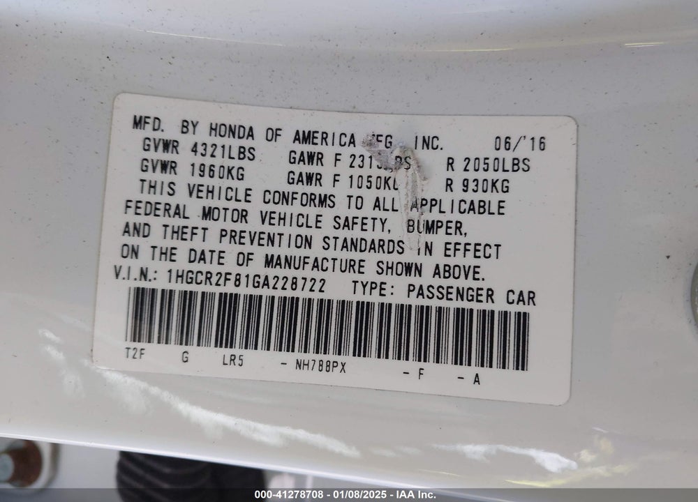 2016 HONDA ACCORD VIN: 1HGCR2F81GA228722