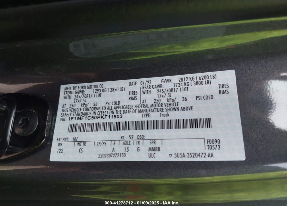 2023 FORD F-150 VIN: 1FTMF1C50PKF11803
