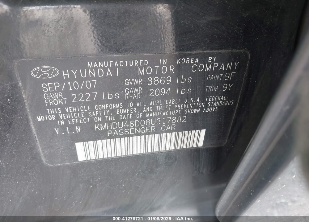2008 HYUNDAI ELANTRA VIN: KMHDU46D08U317882