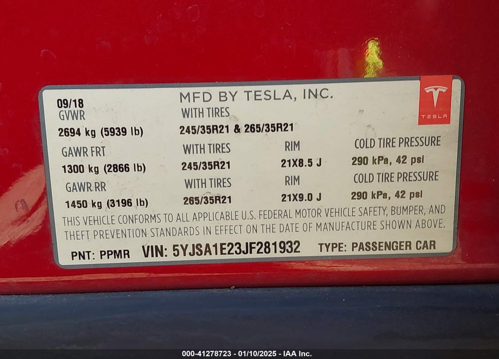 2018 TESLA MODEL S 100D/75D/P100D VIN: 5YJSA1E23JF281932