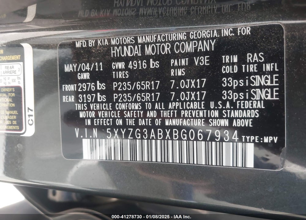 2011 HYUNDAI SANTA FE GLS VIN: 5XYZG3ABXBG067934