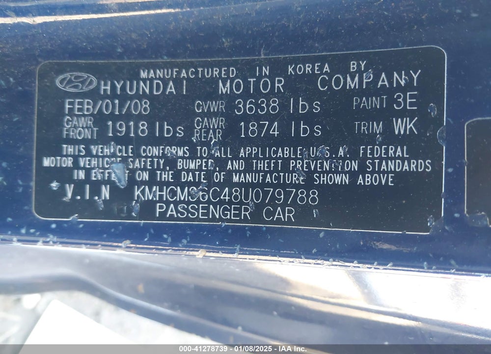 2008 HYUNDAI ACCENT GS VIN: KMHCM36C48U079788