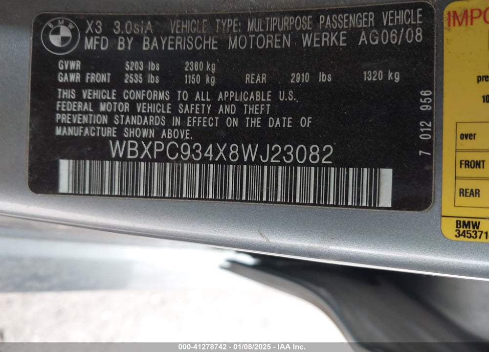 2008 BMW X3 3.0SI VIN: WBXPC934X8WJ23082