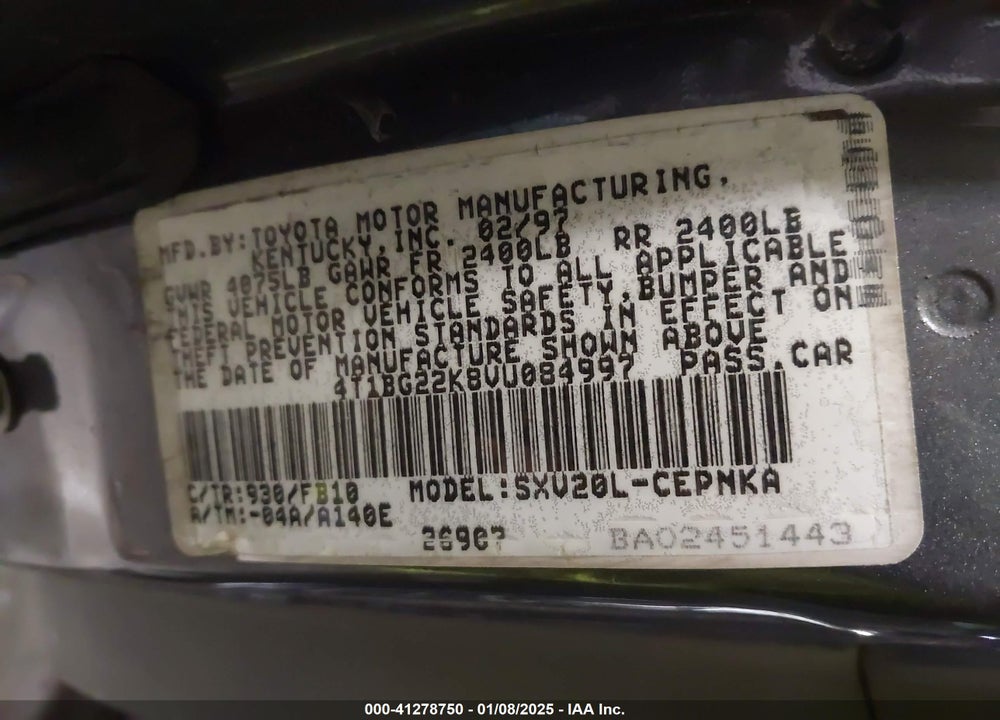 1997 TOYOTA CAMRY LE VIN: 4T1BG22K8VU084997