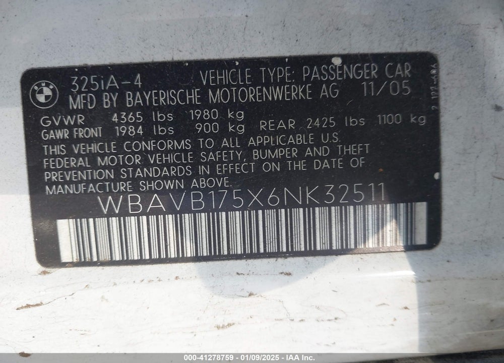 2006 BMW 325I VIN: WBAVB175X6NK32511