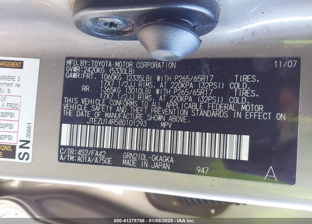 2008 TOYOTA 4RUNNER SR5 V6 VIN: JTEZU14R580101293