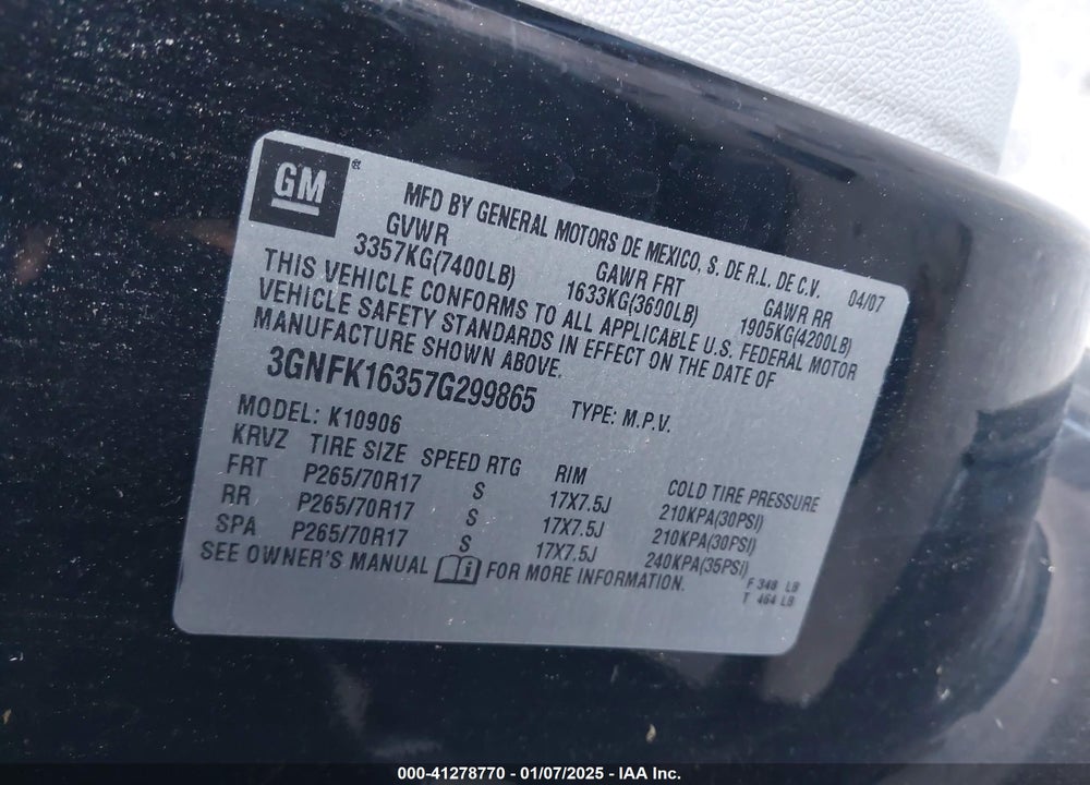 2007 CHEVROLET SUBURBAN 1500 LT VIN: 3GNFK16357G299865