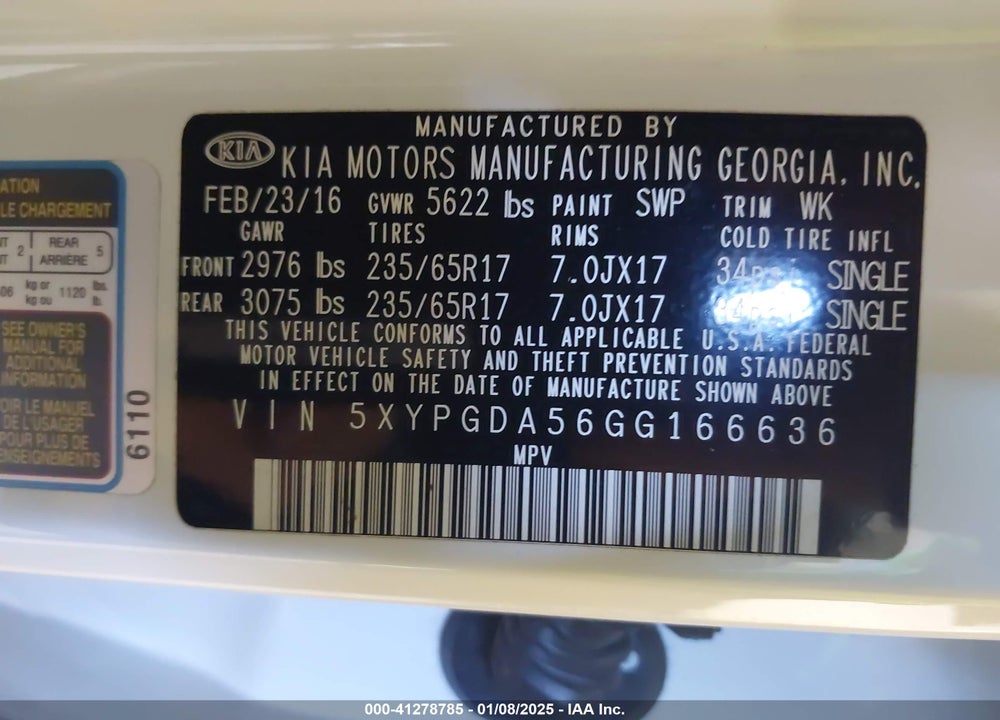 2016 KIA SORENTO 3.3L LX VIN: 5XYPGDA56GG166636
