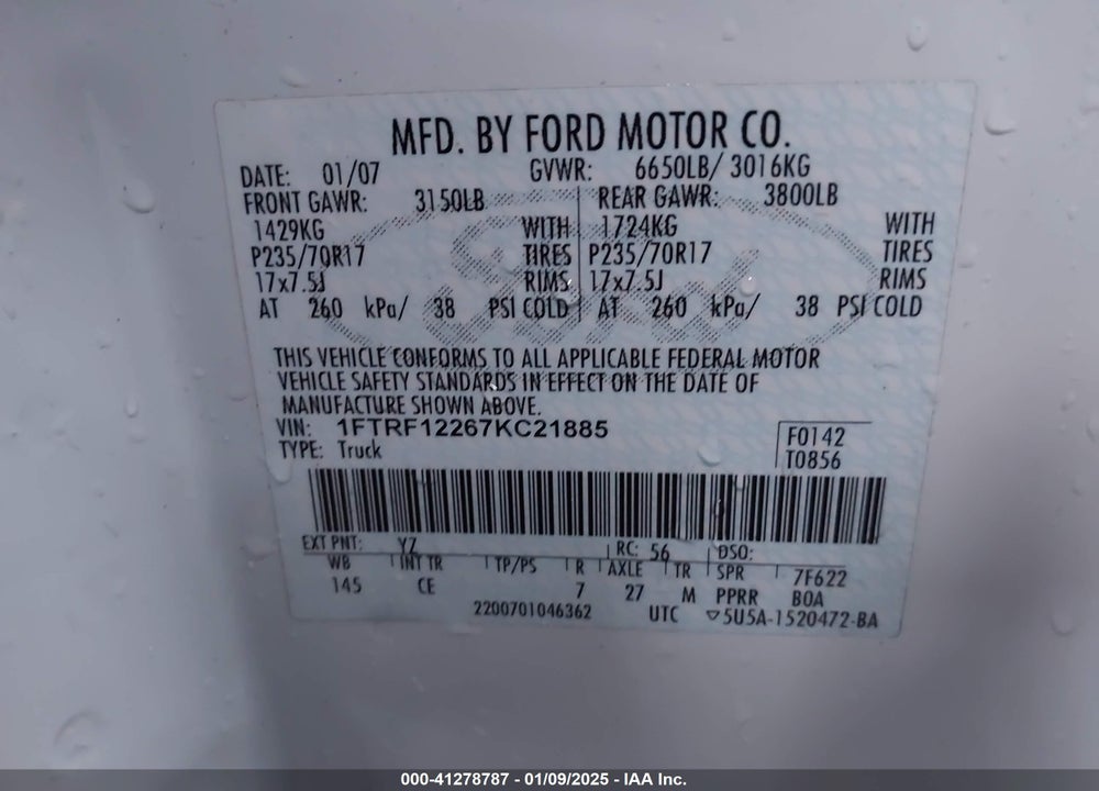 2007 FORD F-150 STX/XL/XLT VIN: 1FTRF12267KC21885