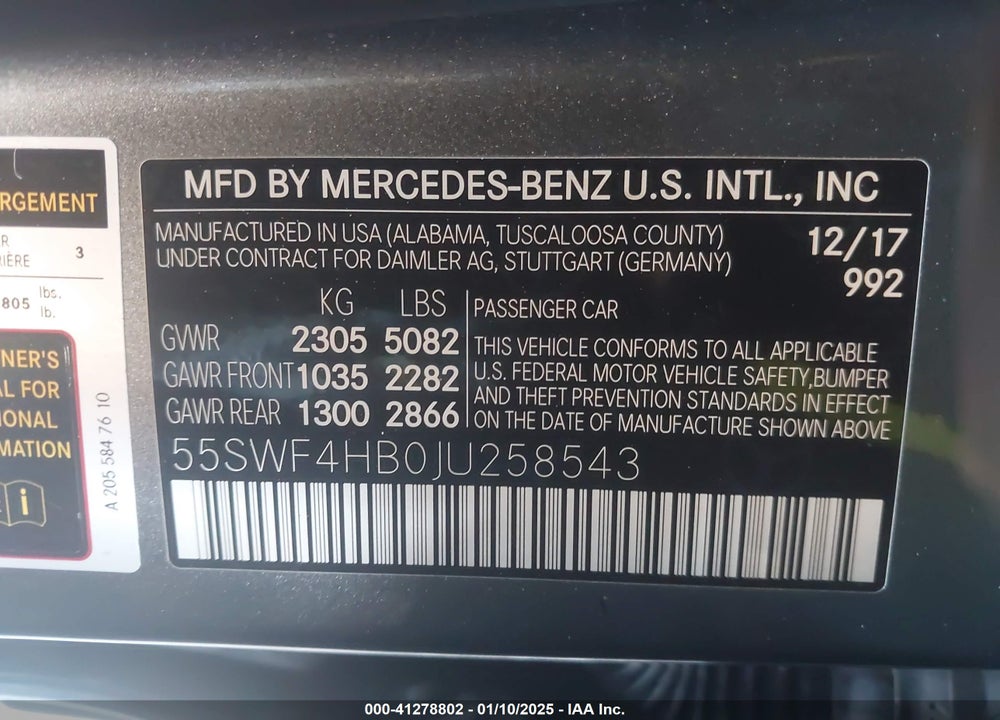 2018 MERCEDES-BENZ C 350E VIN: 55SWF4HB0JU258543