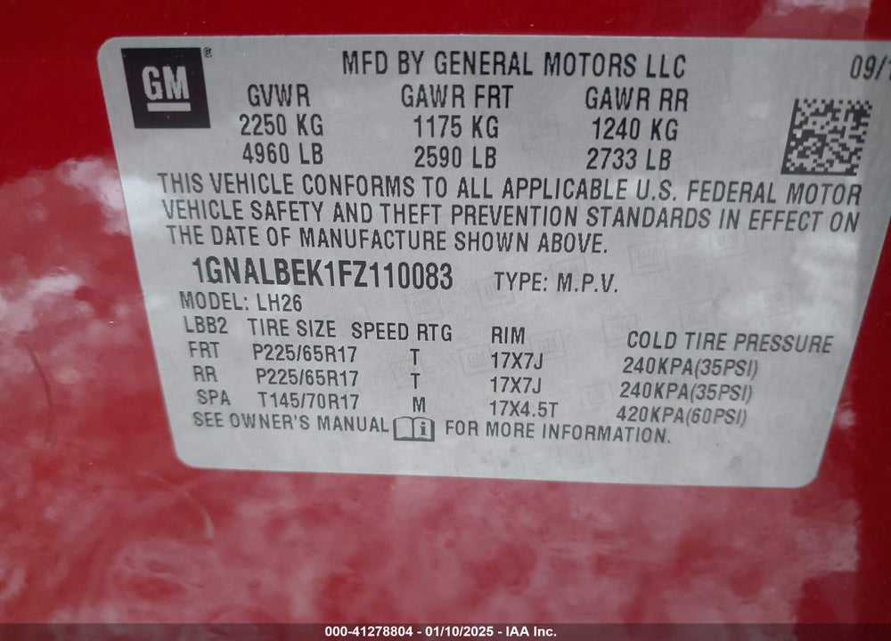 2015 CHEVROLET EQUINOX VIN: 1GNALBEK1FZ110083