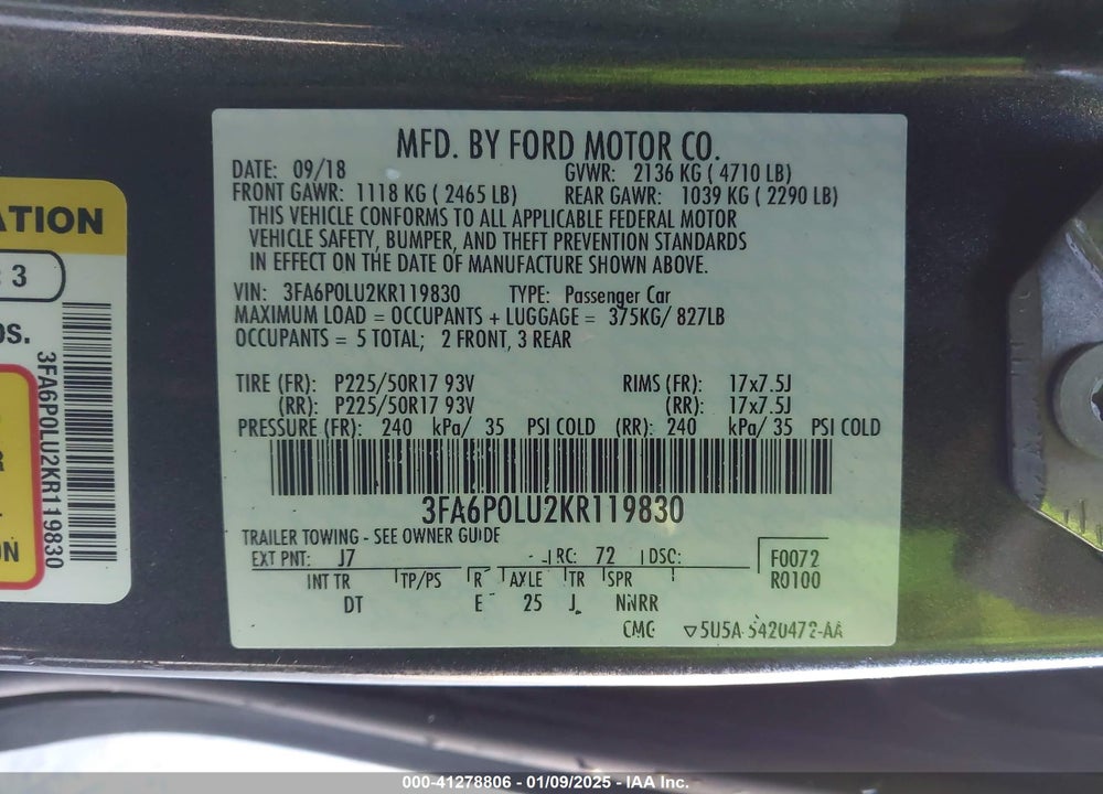 2019 FORD FUSION HYBRID SE VIN: 3FA6P0LU2KR119830