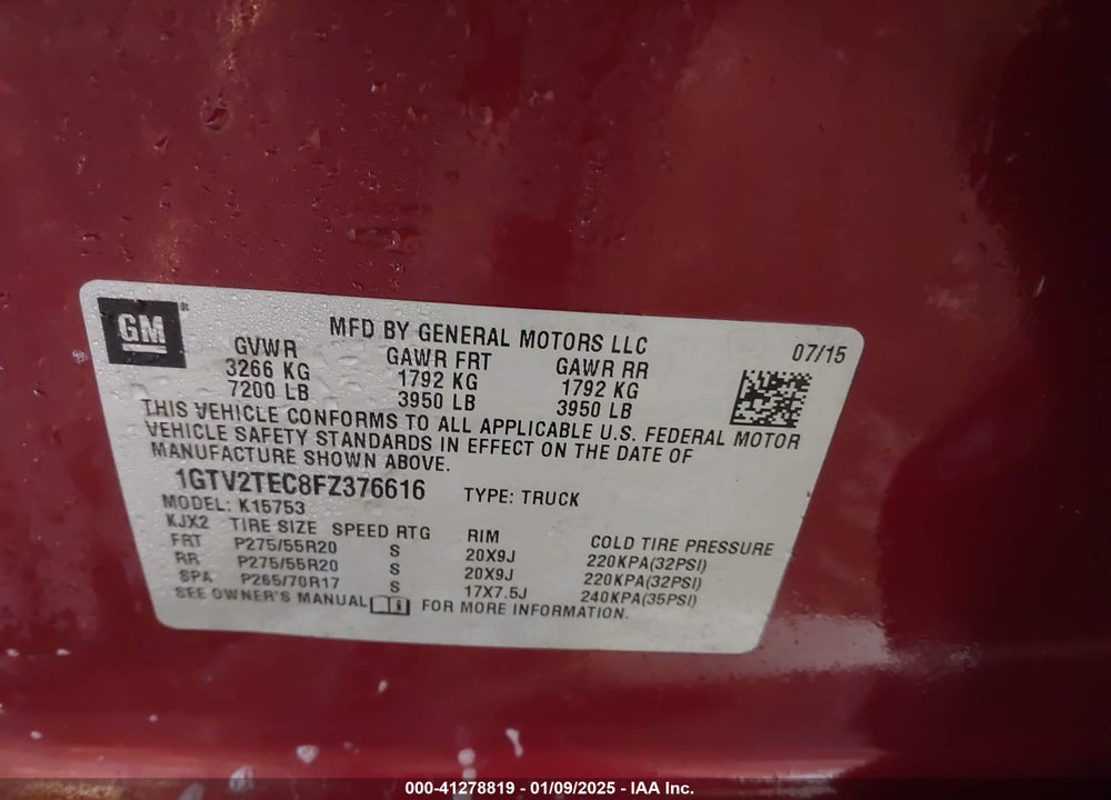 2015 GMC SIERRA VIN: 1GTV2TEC8FZ376616