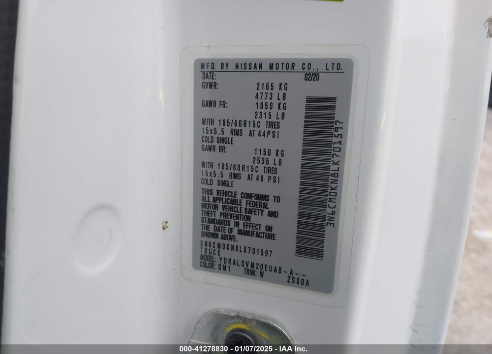 2020 NISSAN NV200  CARGO S XTRONIC CVT VIN: 3N6CM0KN8LK701597