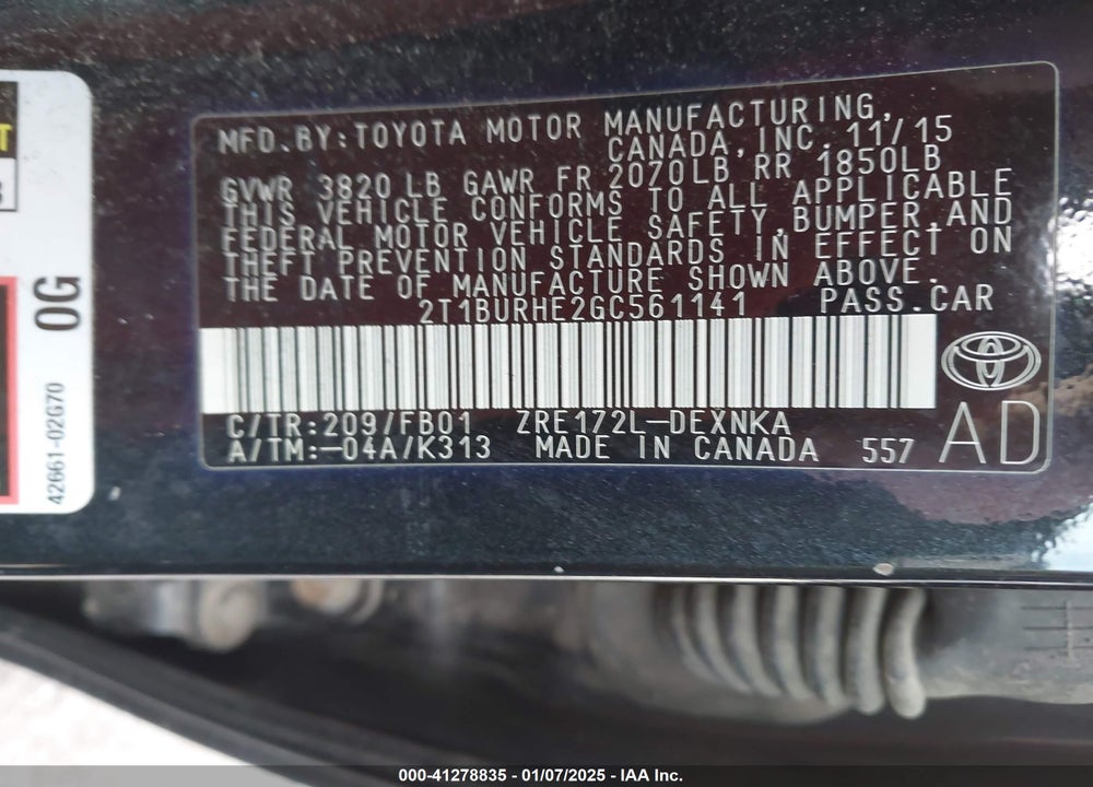 2016 TOYOTA COROLLA LE VIN: 2T1BURHE2GC561141