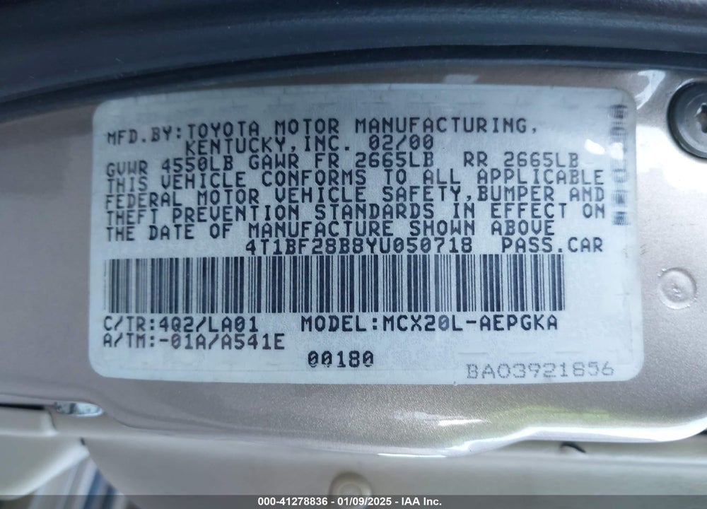 2000 TOYOTA AVALON XLS VIN: 4T1BF28B8YU050718