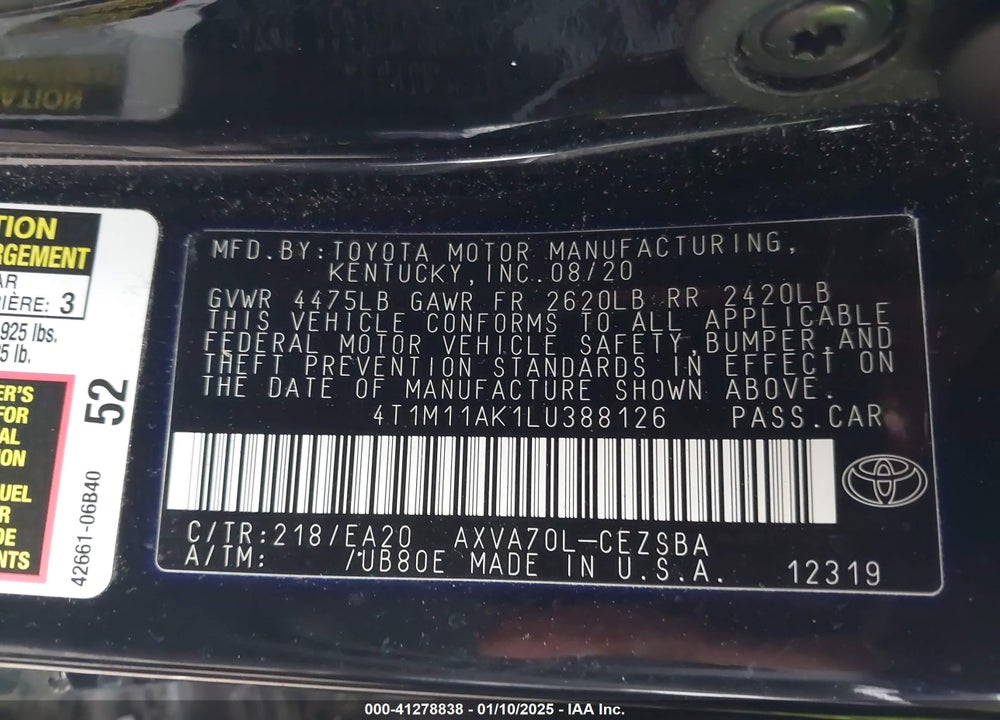 2020 TOYOTA CAMRY VIN: 4T1M11AK1LU388126