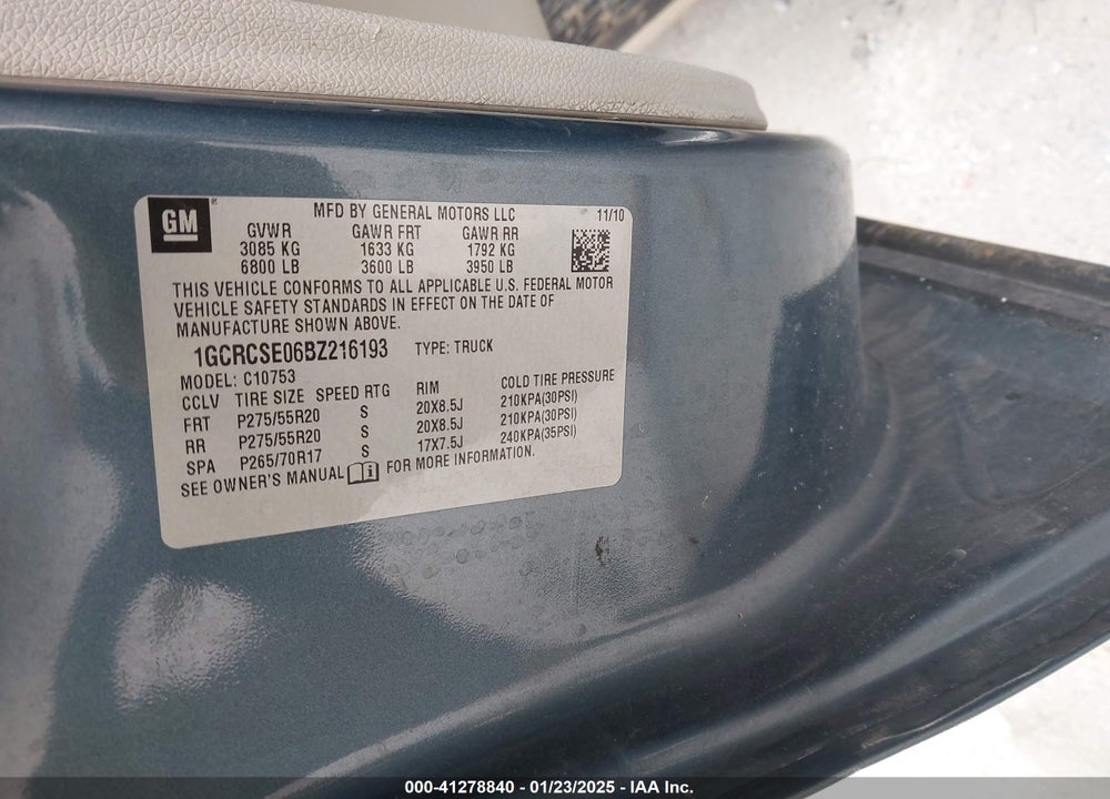 2011 CHEVROLET SILVERADO VIN: 1GCRCSE06BZ216193