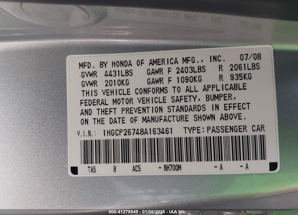 2008 HONDA ACCORD 2.4 EX VIN: 1HGCP26748A163461