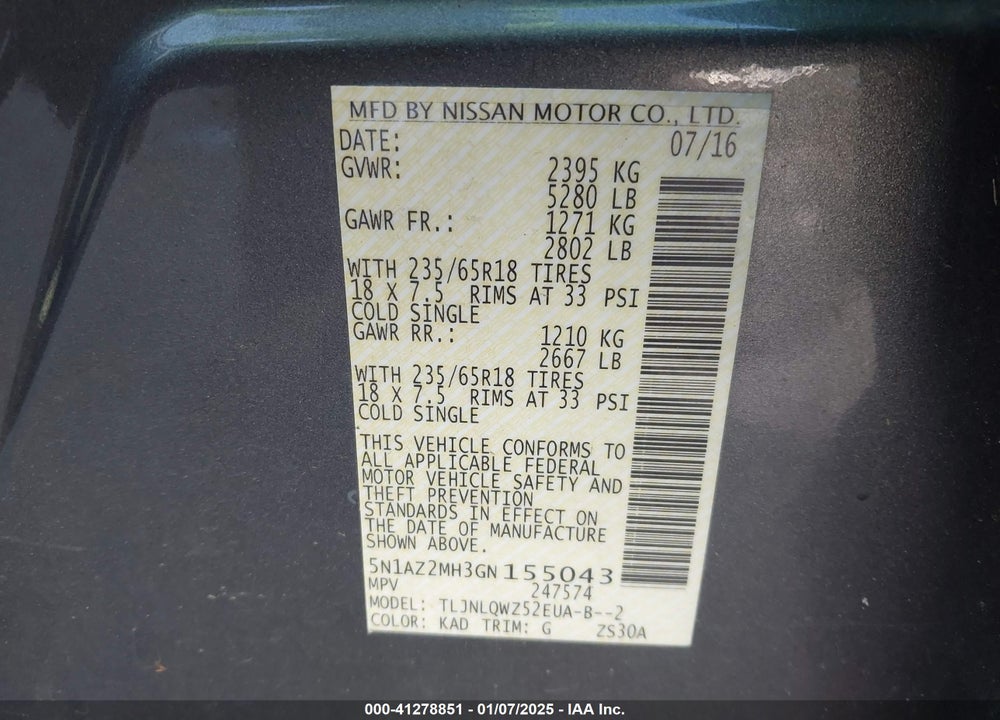 2016 NISSAN MURANO SV VIN: 5N1AZ2MH3GN155043