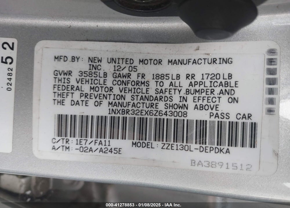 2006 TOYOTA COROLLA VIN: 1NXBR32EX6Z643008