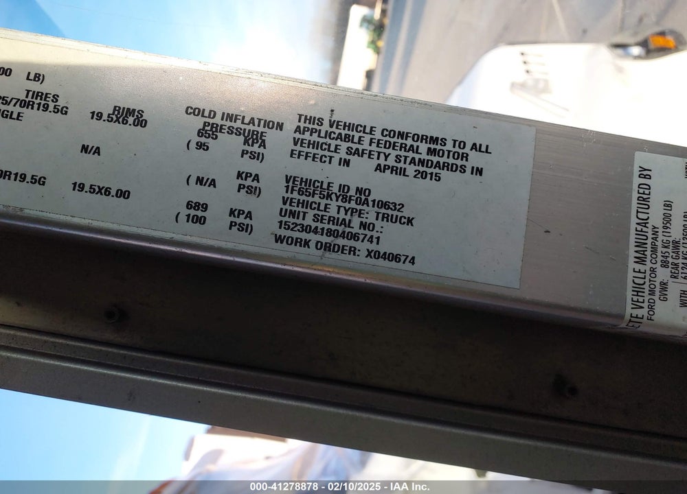 2015 FORD F-59 COMMERCIAL STRIPPED VIN: 1F65F5KY8F0A10632