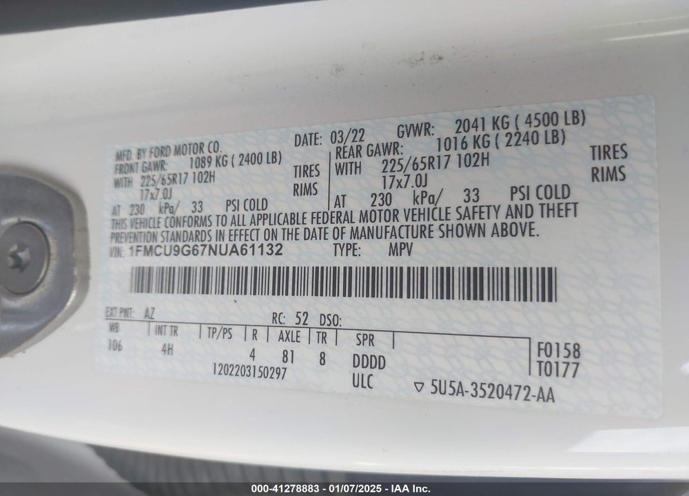 2022 FORD ESCAPE SE VIN: 1FMCU9G67NUA61132