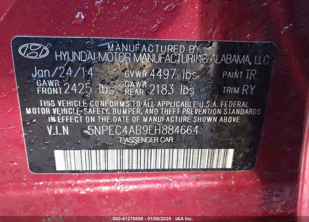 2014 HYUNDAI SONATA SE 2.0T VIN: 5NPEC4AB9EH884664