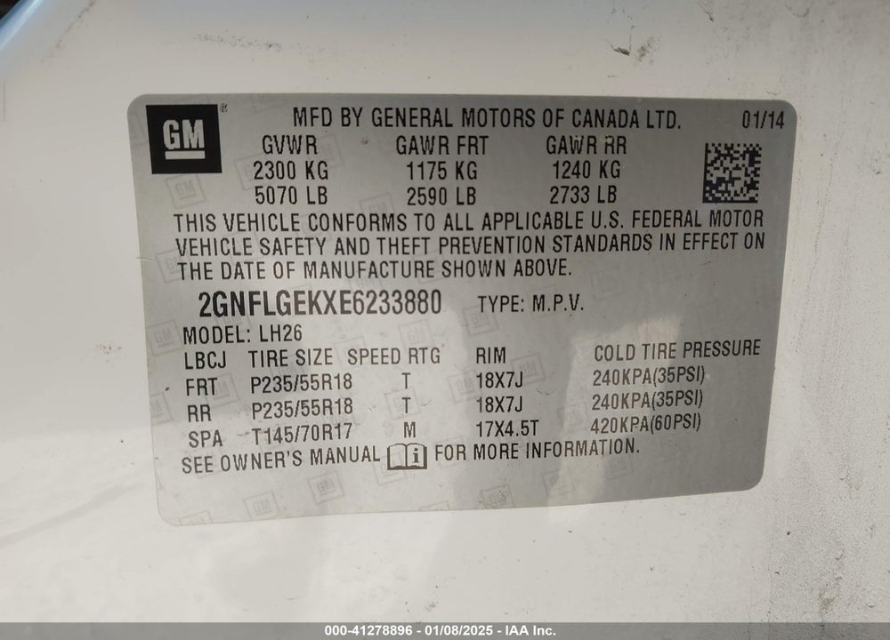 2014 CHEVROLET EQUINOX 2LT VIN: 2GNFLGEKXE6233880