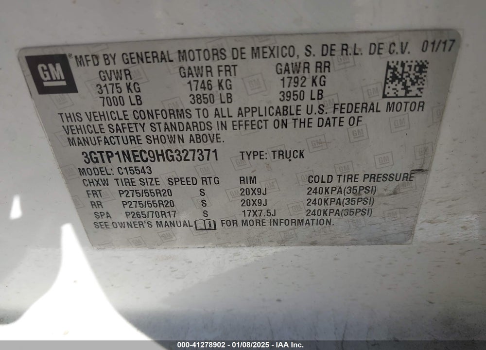 2017 GMC SIERRA 1500 VIN: 3GTP1NEC9HG327371