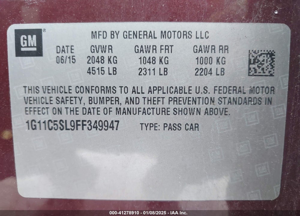 2015 CHEVROLET MALIBU VIN: 1G11C5SL9FF349947