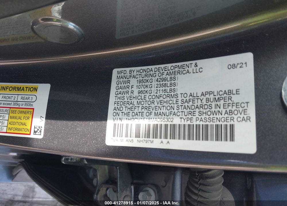 2021 HONDA ACCORD VIN: 1HGCV1F18MA095302