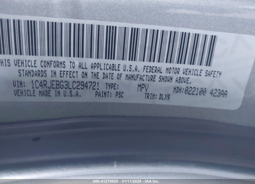 2020 JEEP GRAND CHEROKEE VIN: 1C4RJEBG3LC294721