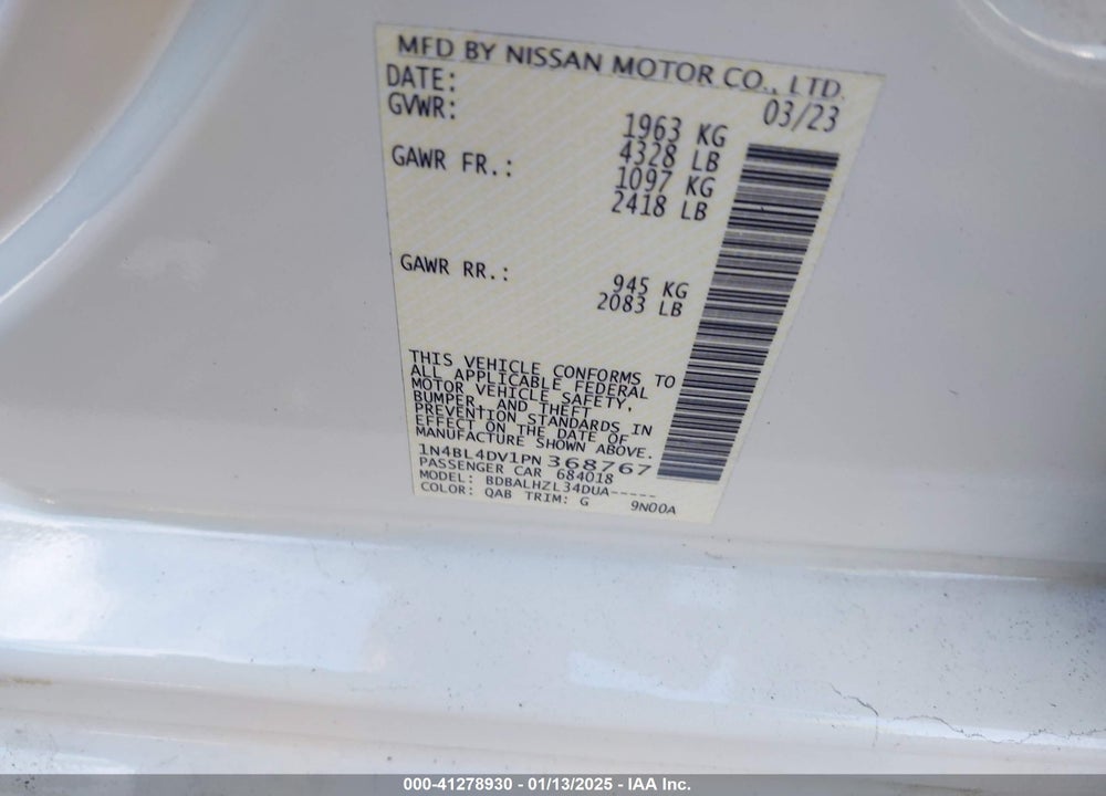 2023 NISSAN ALTIMA SV FWD VIN: 1N4BL4DV1PN368767