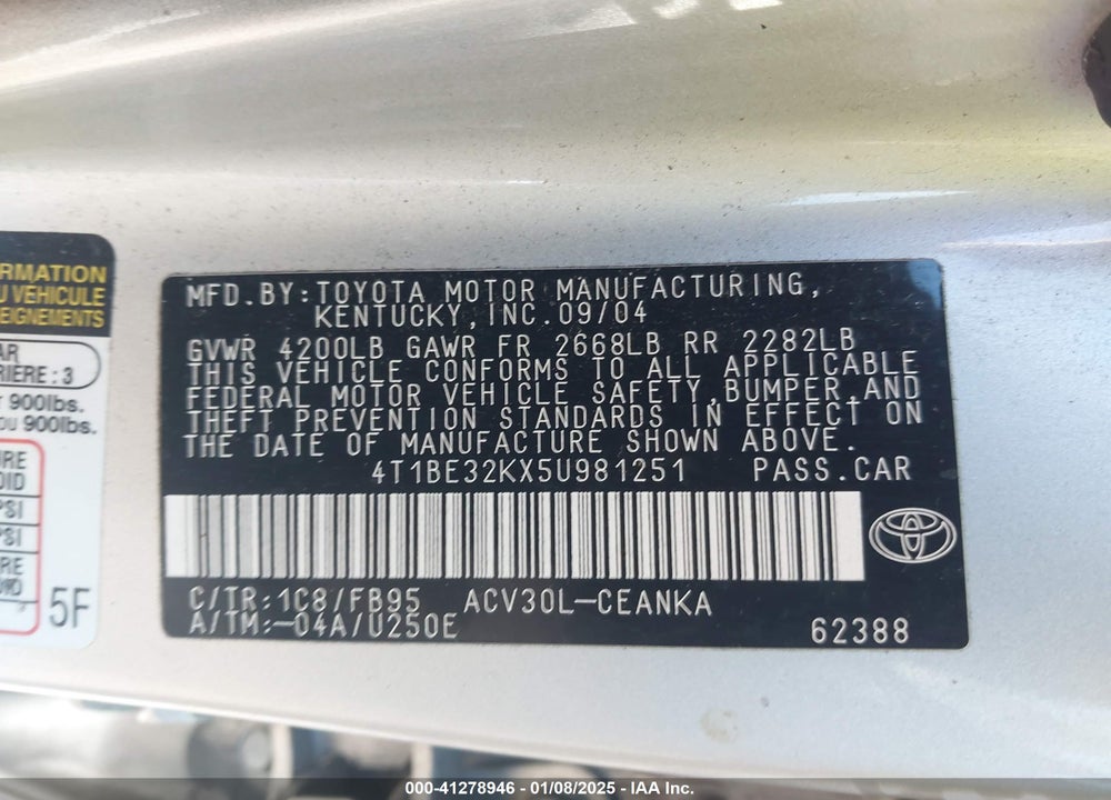 2005 TOYOTA CAMRY LE VIN: 4T1BE32KX5U981251