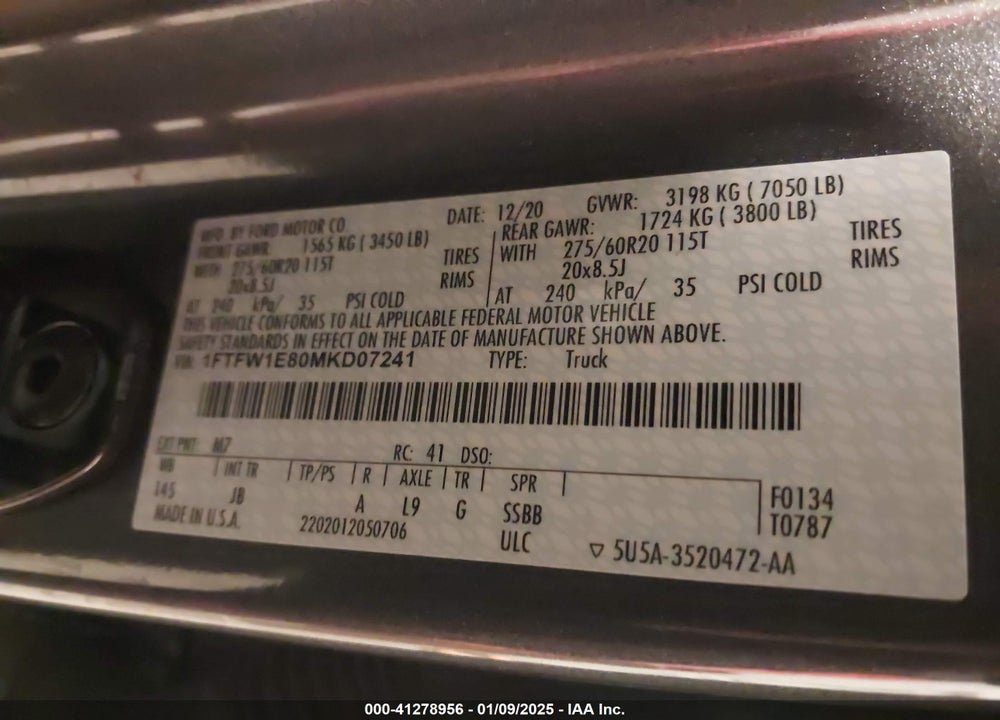2021 FORD F-150 XL VIN: 1FTFW1E80MKD07241