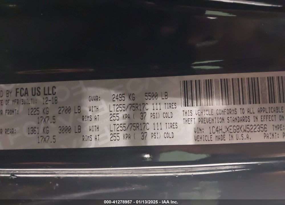 2019 JEEP WRANGLER UNLIMITED MOAB 4X4 VIN: 1C4HJXEG8KW522356