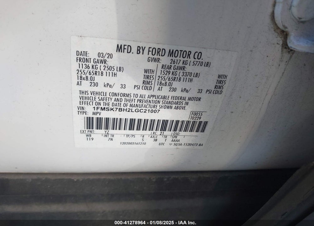 2020 FORD EXPLORER VIN: 1FMSK7BH2LGC21007