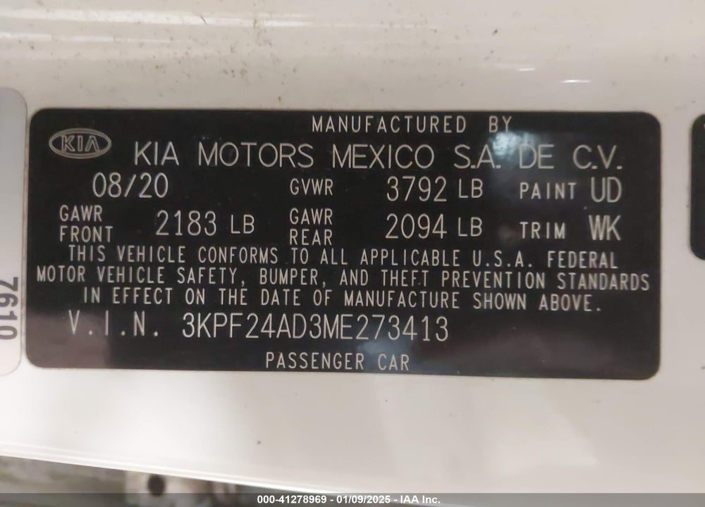 2021 KIA FORTE LXS VIN: 3KPF24AD3ME273413