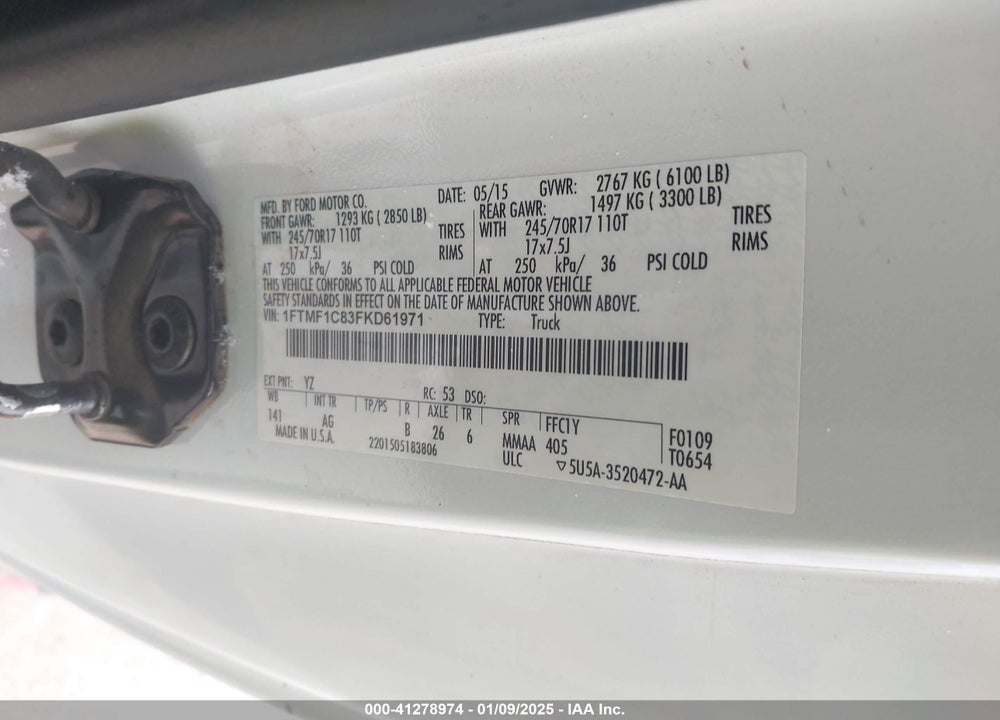 2015 FORD F-150 XL VIN: 1FTMF1C83FKD61971