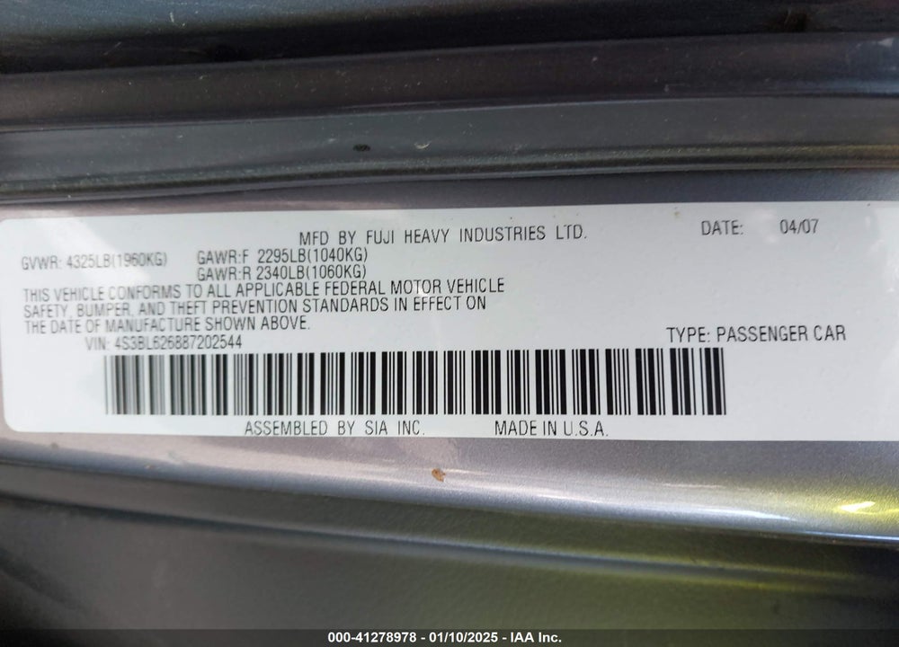 2008 SUBARU LEGACY VIN: 4S3BL626887202544