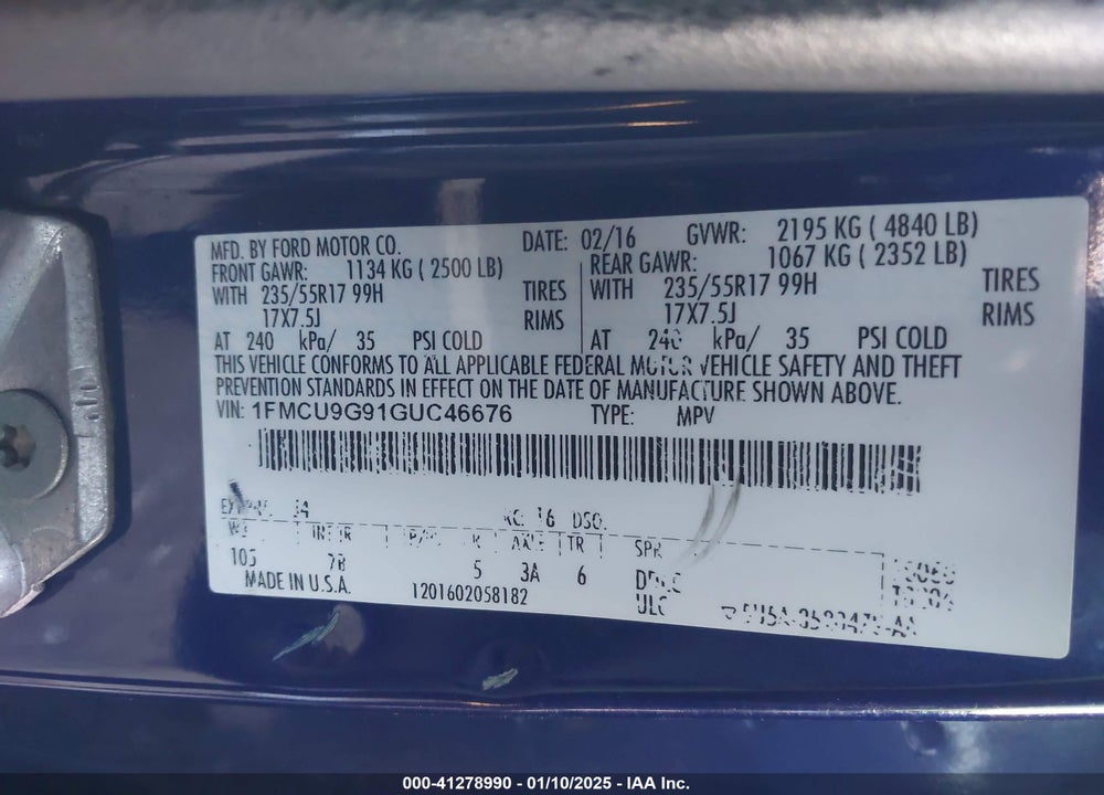 2016 FORD ESCAPE VIN: 1FMCU9G91GUC46676