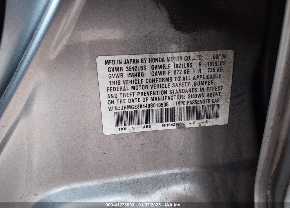 2009 HONDA FIT VIN: JHMGE88449S010505