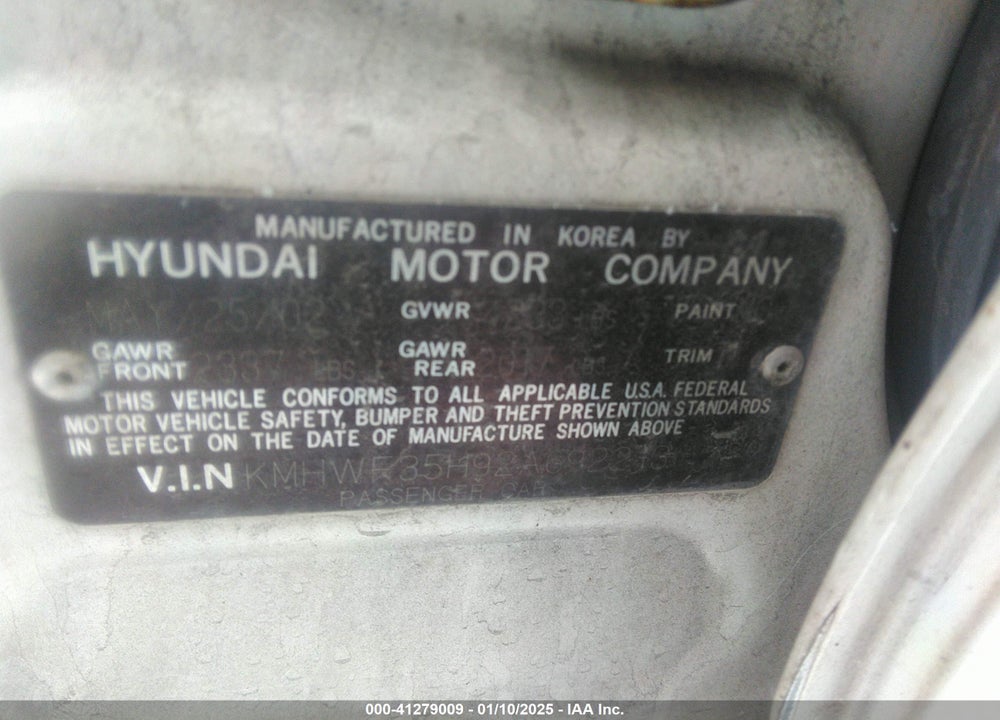 2002 HYUNDAI SONATA GLS/LX VIN: KMHWF35H92A692213