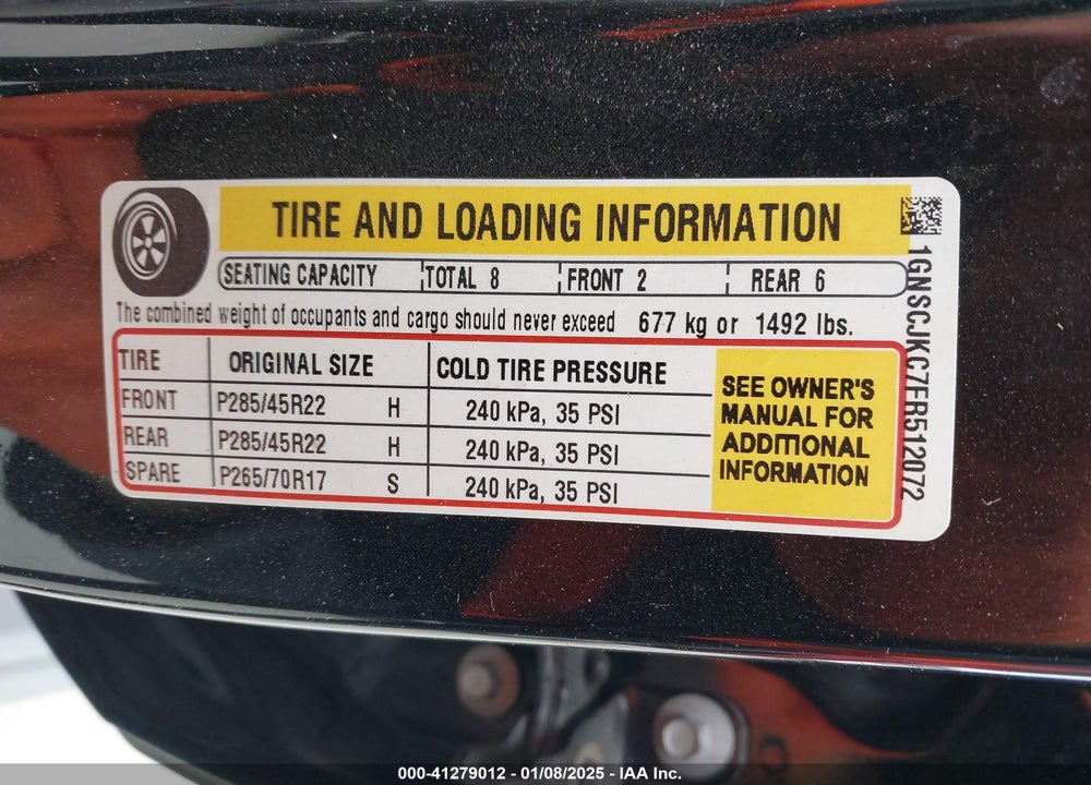 2015 CHEVROLET SUBURBAN 1500 LT VIN: 1GNSCJKC7FR512072