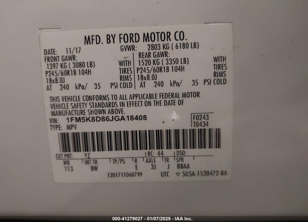 2018 FORD EXPLORER XLT VIN: 1FM5K8D86JGA18408
