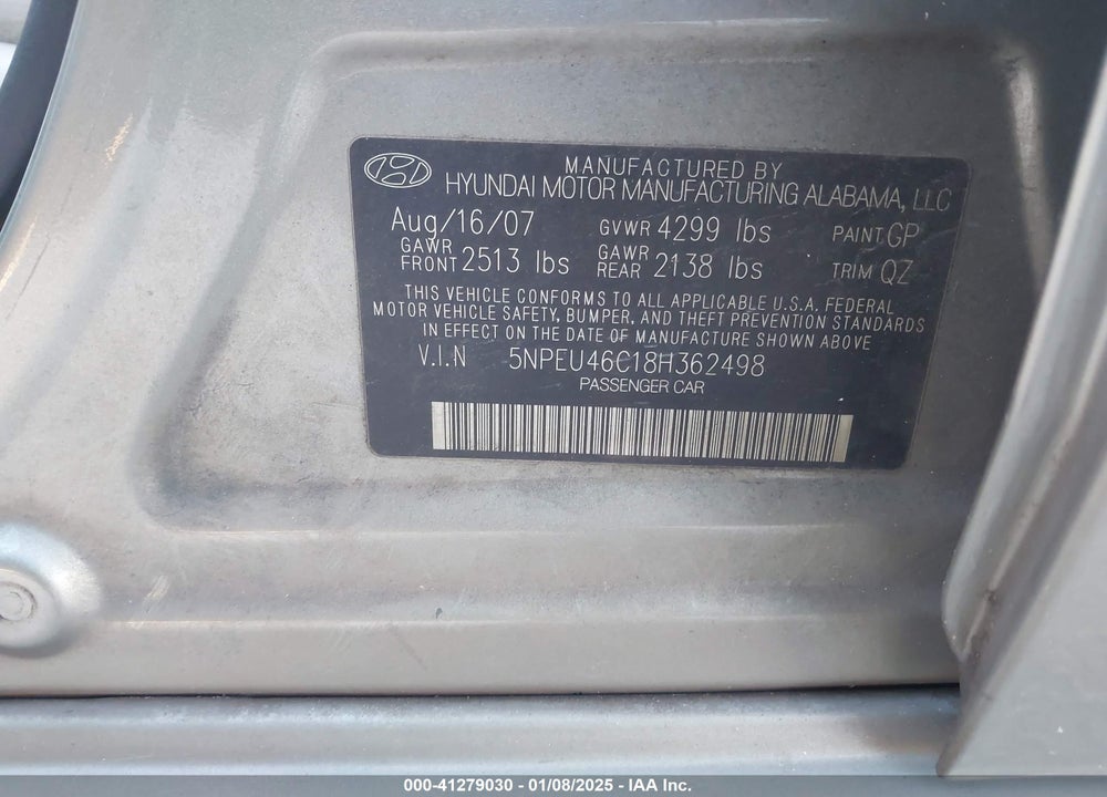 2008 HYUNDAI SONATA LIMITED/SE VIN: 5NPEU46C18H362498