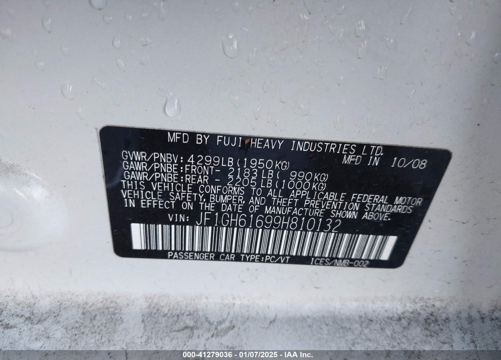 2009 SUBARU IMPREZA VIN: JF1GH61699H810132