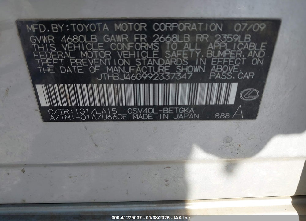 2009 LEXUS ES 350 VIN: JTHBJ46G992337347