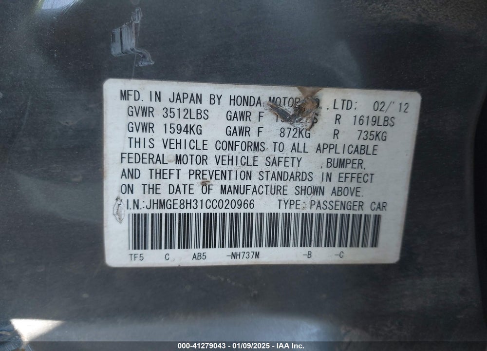 2012 HONDA FIT VIN: JHMGE8H31CC020966